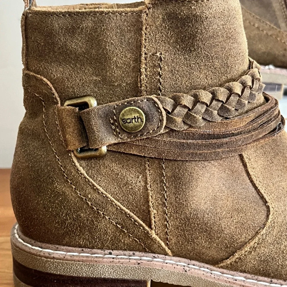 Earth Jeno Brown Suede Leather Braided Ankle Boots‎ Womens 6.5 M ETJENO